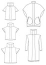 Technical sketches of futuristic models of jackets, coats, boleros and trench coats with large pockets and a designer collar